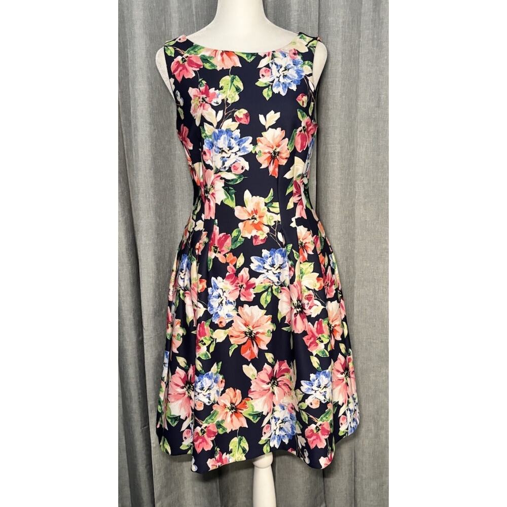 Vince Camuto Navy Floral Sleeveless Fit To Flare Dress Size 2